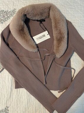 Faux Fur Trim Ribbed Wrap Sweater